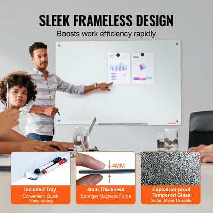 Magnetisk whiteboardtavla i glas, whiteboardtavla 1200 x 800 mm, väggmonterad stor vit glastavla utan ram, med tuschbricka, suddgummi och 2 tuschpennor, vit
