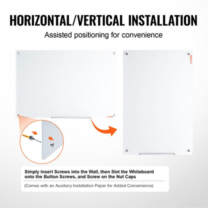Magnetisk whiteboardtavla i glas, whiteboardtavla 1200 x 800 mm, väggmonterad stor vit glastavla utan ram, med tuschbricka, suddgummi och 2 tuschpennor, vit
