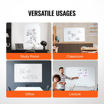 Magnetisk whiteboardtavla i glas, whiteboardtavla 1200 x 800 mm, väggmonterad stor vit glastavla utan ram, med tuschbricka, suddgummi och 2 tuschpennor, vit