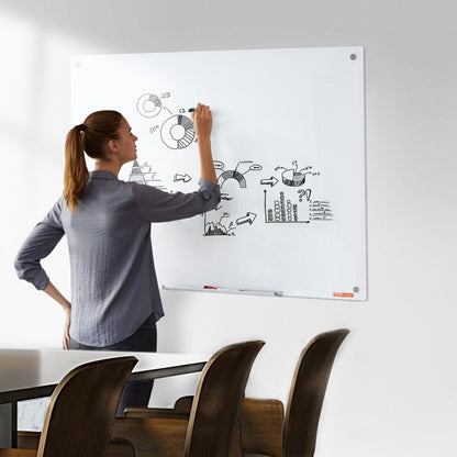 Magnetisk whiteboardtavla i glas, whiteboardtavla 1200 x 800 mm, väggmonterad stor vit glastavla utan ram, med tuschbricka, suddgummi och 2 tuschpennor, vit