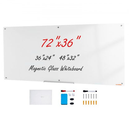 Magnetisk whiteboardtavla i glas, whiteboardtavla 72"x36", väggmonterad stor vit glastavla utan ram, med tuschbricka, suddgummi och 2 tuschpennor, vit