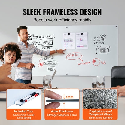 Magnetisk whiteboardtavla i glas, whiteboardtavla 72"x36", väggmonterad stor vit glastavla utan ram, med tuschbricka, suddgummi och 2 tuschpennor, vit