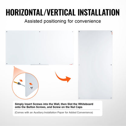 Magnetisk whiteboardtavla i glas, whiteboardtavla 72"x36", väggmonterad stor vit glastavla utan ram, med tuschbricka, suddgummi och 2 tuschpennor, vit