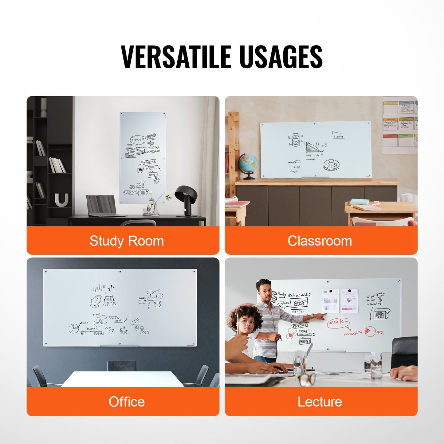 Magnetisk whiteboardtavla i glas, whiteboardtavla 72"x36", väggmonterad stor vit glastavla utan ram, med tuschbricka, suddgummi och 2 tuschpennor, vit
