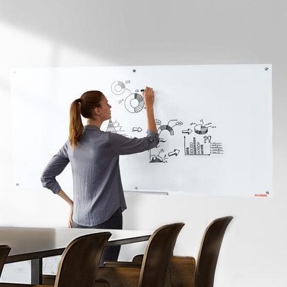 Magnetisk whiteboardtavla i glas, whiteboardtavla 72"x36", väggmonterad stor vit glastavla utan ram, med tuschbricka, suddgummi och 2 tuschpennor, vit