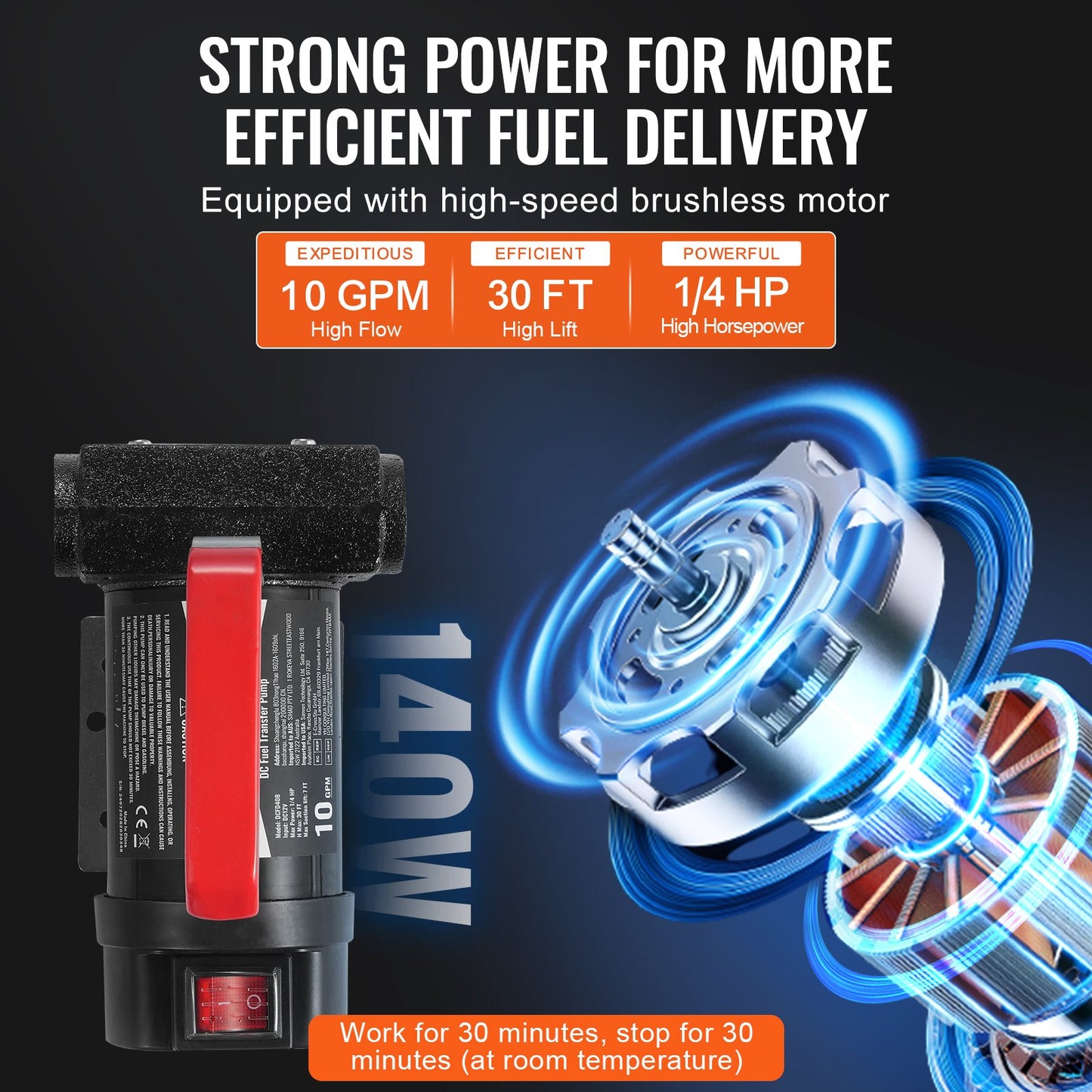 Bränsleöverföringspump, 12V DC 38 L/min (10 GPM) 186W (1/4 hk), bärbar elektrisk dieselöverföringspump med automatisk avstängning av bränslemunstycke, högt flöde, lång inlopps- och utloppsslang för diesel, fotogen, transformatorbränsle