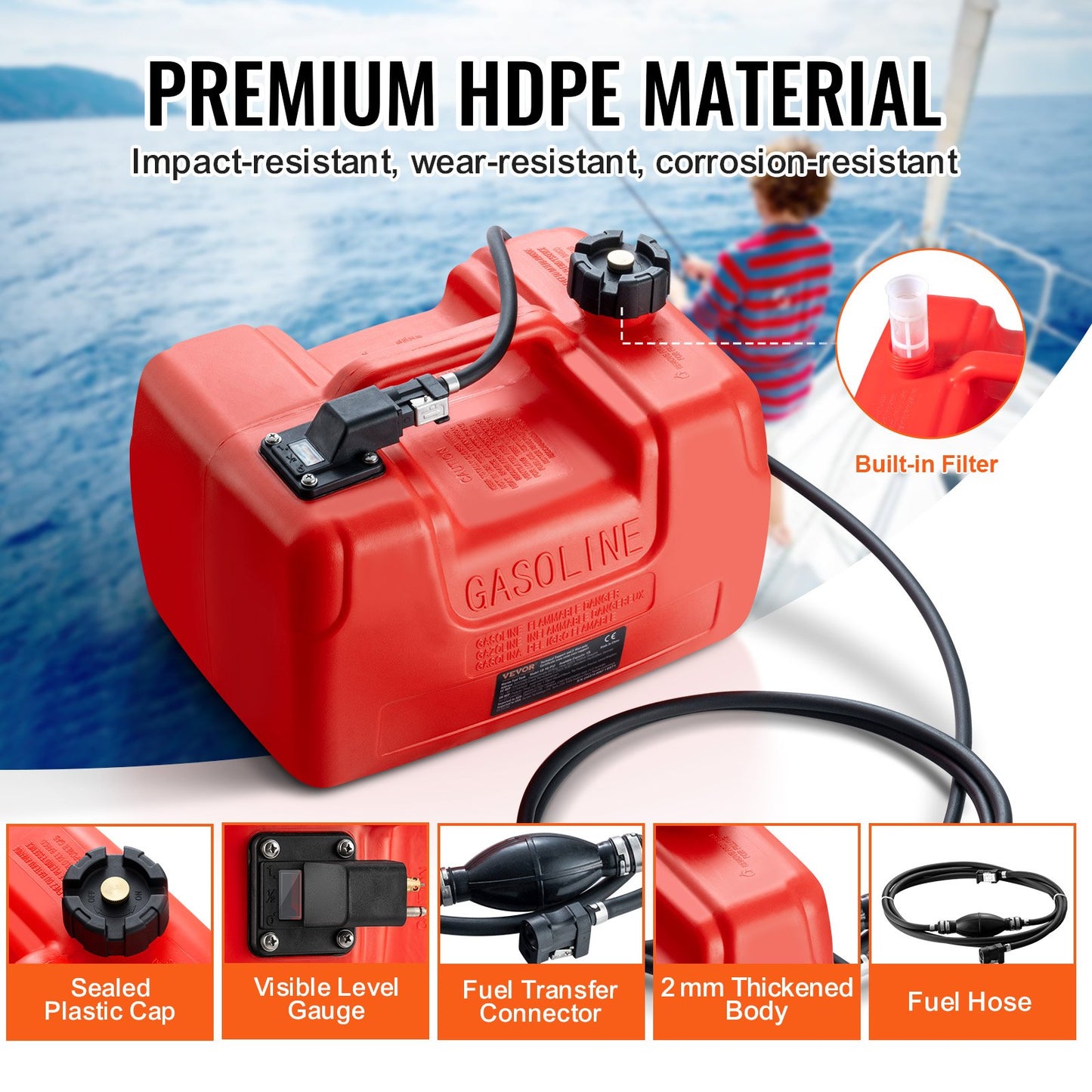 Boat Fuel Tank, 3.17-Gallon/12-L Marine Outboard Transfer Tank, Transfer Tank with 9.8ft Hose, Gauge for Outboard Engine, Yacht, Fishing Boat, Deck, Red