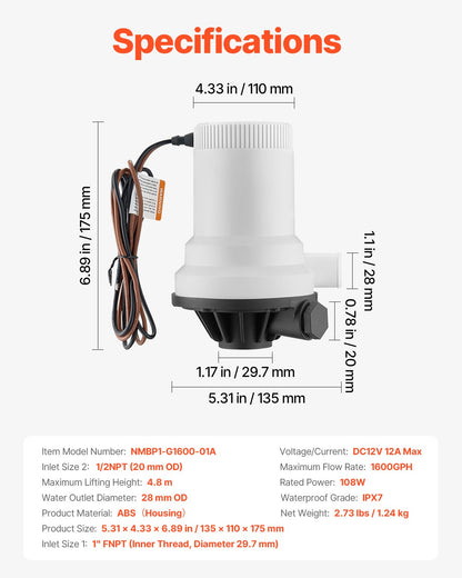 Djurbrunnspump för båt, 12V 101 L/min (1600 GPH) Rak djurbrunnsluftare med dubbelt inlopp, ABA-hölje och avtagbar motorpatron, korrosionsbeständig djurbrunns-/betesbrunnspump för sötvatten och saltvatten