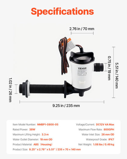 Djurbrunnspump för båt, 12V 50 L/min (800 GPH) Djurbrunnsluftare med avtagbar motor, 90-graders betesbrunnspumpar för båtar, korrosionsbeständig dränkbar luftare, för sötvatten och saltvatten