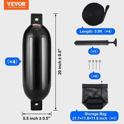 Båtfendrar, 14 cm x 51 cm båtstötfångare för dockning, uppblåsbar räfflad fender med mitthål, marin båtbryggas fenderstötfångare med luftpump, 4 nålar och 4 rep och förvaringsväska, svart