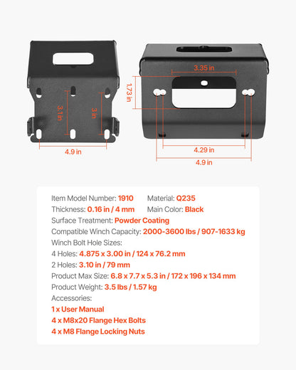 Vinschfäste, vinschkapacitet 907–1633 kg, vinschfäste för dragkrok för utvalda Honda Foreman- och Rancher Rubicon-modeller (2014–2021), design med 2 monteringshål, pulverlackerat stål, svart