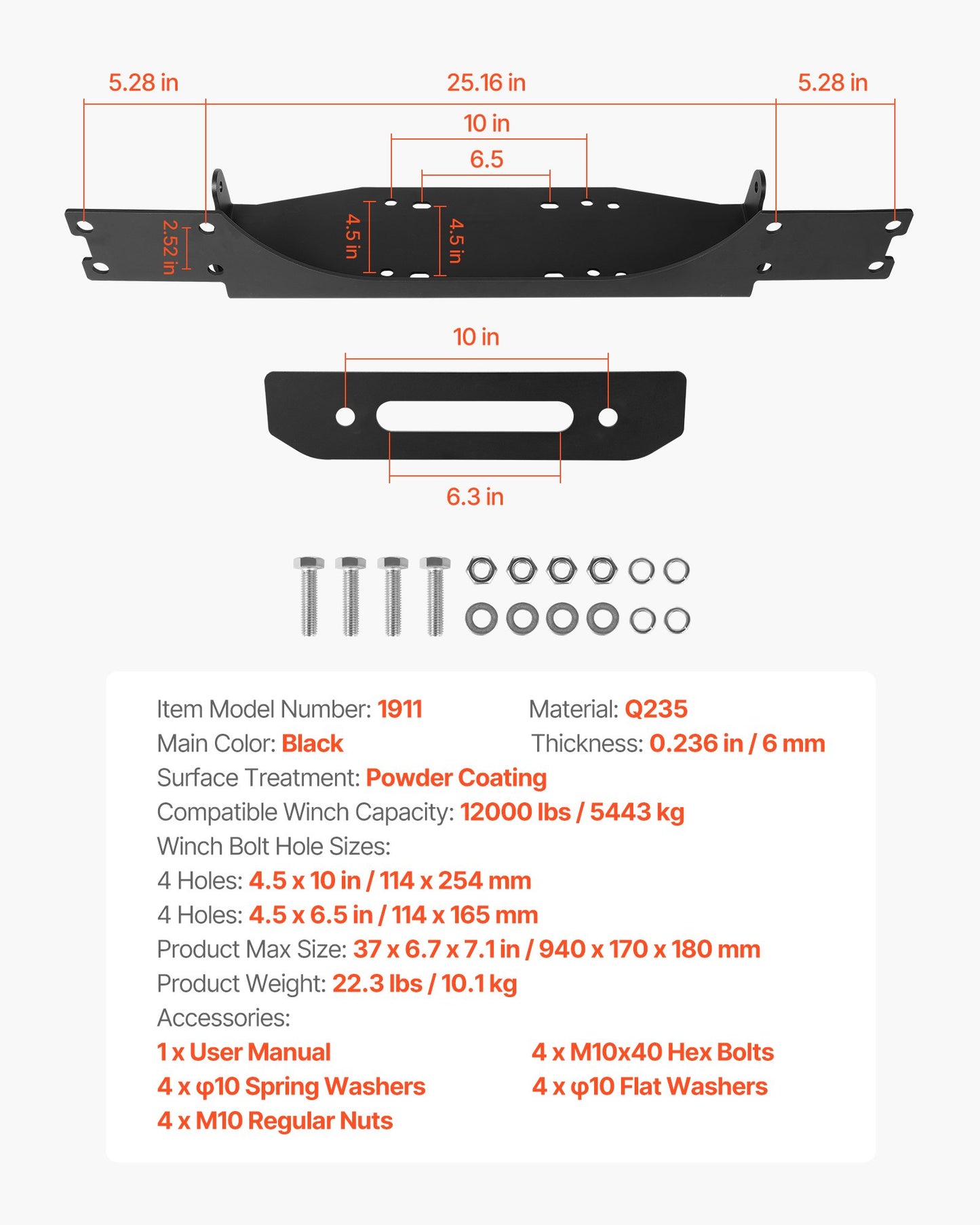 Vinschfäste, vinschkapacitet på 5443 kg, vinschfäste för dragkrok för utvalda Jeep Wrangler JL/JLU och Gladiator JT-modeller (2018-2023), design med 2 monteringshål, pulverlackerat stål, svart