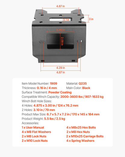 Vinschfäste, vinschkapacitet 907–1633 kg, vinschfäste för dragkrok för utvalda Polaris Sportsman-modeller (2009 och senare), design med 2 monteringshål, pulverlackerat stål, lämplig för ökenräddning