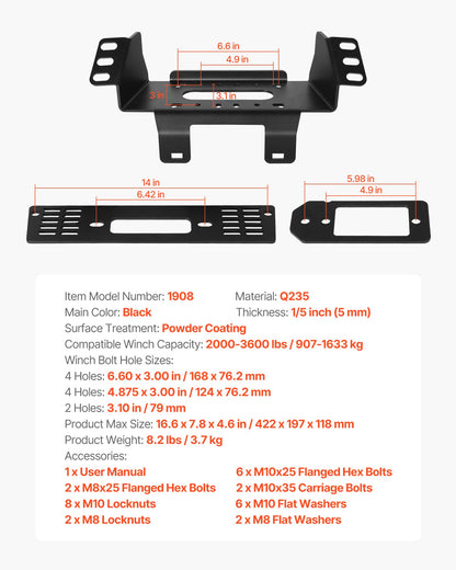 Vinschfäste, vinschkapacitet 907–1633 kg, vinschfäste för dragkrok för utvalda Polaris Ranger-modeller (2010–2021), design med 3 monteringshål, pulverlackerat stål, lämplig för räddning på leriga vägar