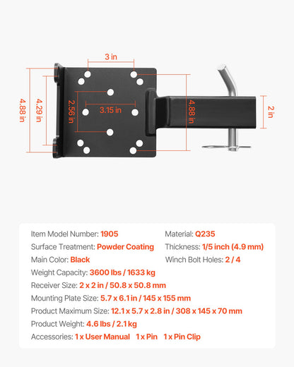 Vinschfäste, 1633 kg lastkapacitet, vinschfäste för dragkrok med 50,8 mm fäste, 2/4 vinschbulthål, pulverlackerat stål, lämplig för ATV UTV pickup, svart