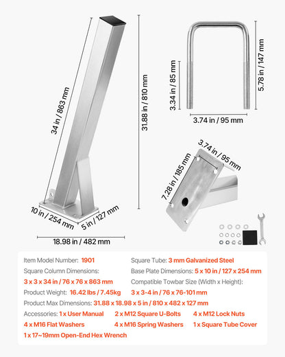 Vinschstativ för båttrailer, 76 x 76 x 863 mm vinschstolpar, båtvinschfäste med U-bultar för 76 mm B x 76-101 mm H trailertunga, galvaniserad, lämplig för vattenskoter, segelbåt, fiskebåt, motorbåt
