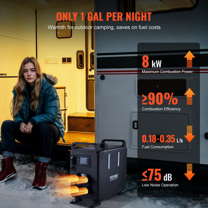 8KW dieselvärmare, 12V/24V allt-i-ett dieselluftvärmare, Bluetooth-appkontroll, fjärrkontroll och displayskärm, CO-larm, snabb uppvärmning vertikal bärbar dieselvärmare för fordon, garage