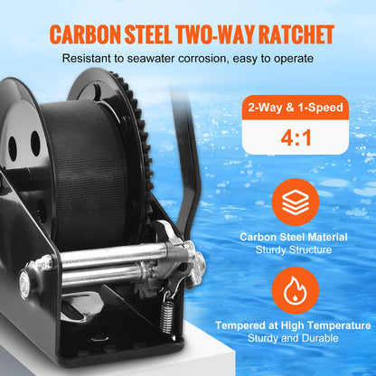 Handvinsch, 725,7 kg dragkapacitet, båttrailervinsch Kraftig repvev med 1005,8 cm polyesterrem och tvåvägs spärrhake, manuellt manövrerad handvevvinsch för bogsering av släpvagn, båt eller ATV