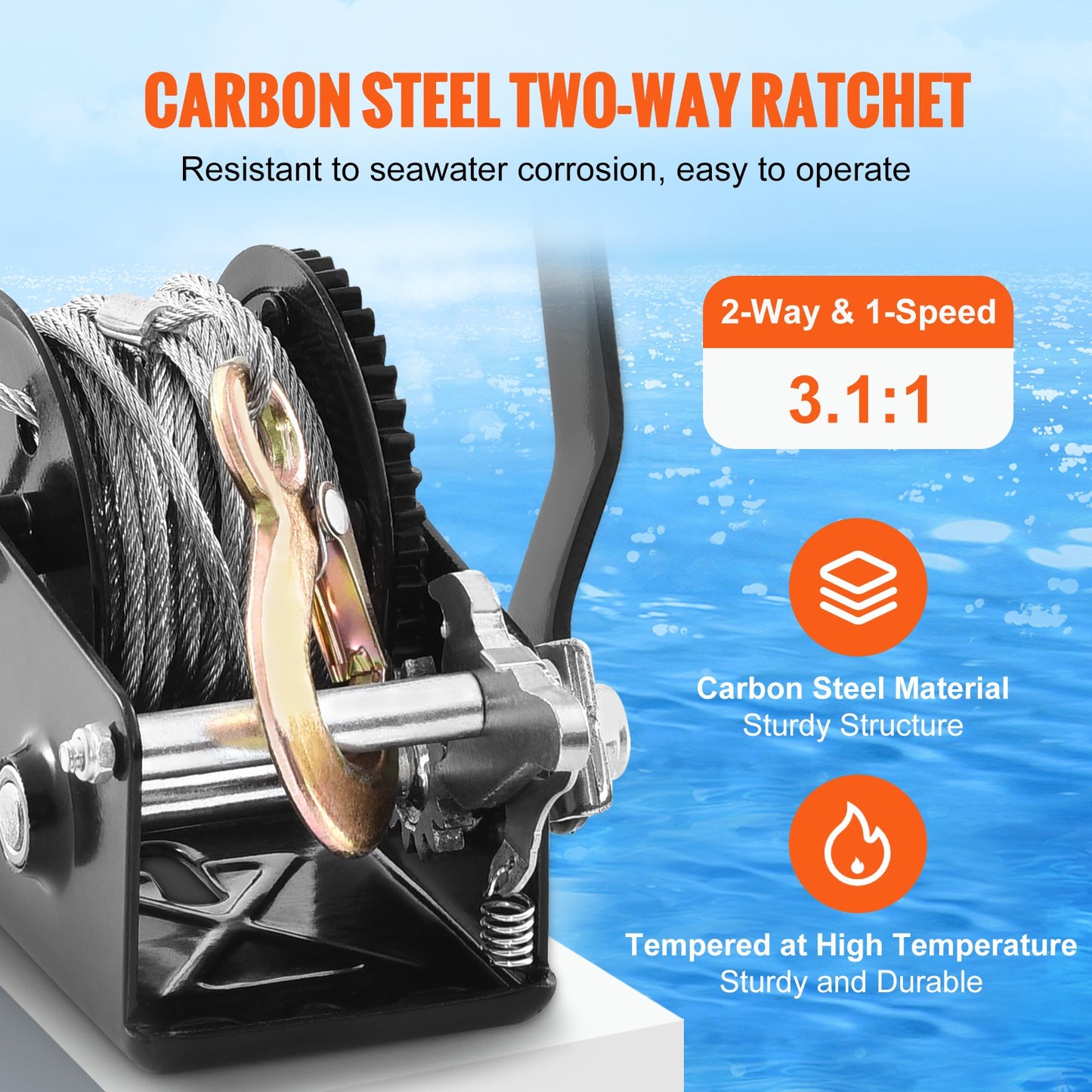 Handvinsch, 362,9 kg dragkapacitet, båttrailervinsch Kraftig repvev med 1005,8 cm stålvajer och tvåvägs spärrhake, manuellt manövrerad handvevvinsch för bogsering av släpvagn, båt eller ATV