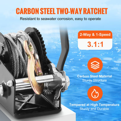 Handvinsch, 362,9 kg dragkapacitet, båttrailervinsch Kraftig repvev med 1005,8 cm stålvajer och tvåvägs spärrhake, manuellt manövrerad handvevvinsch för bogsering av släpvagn, båt eller ATV