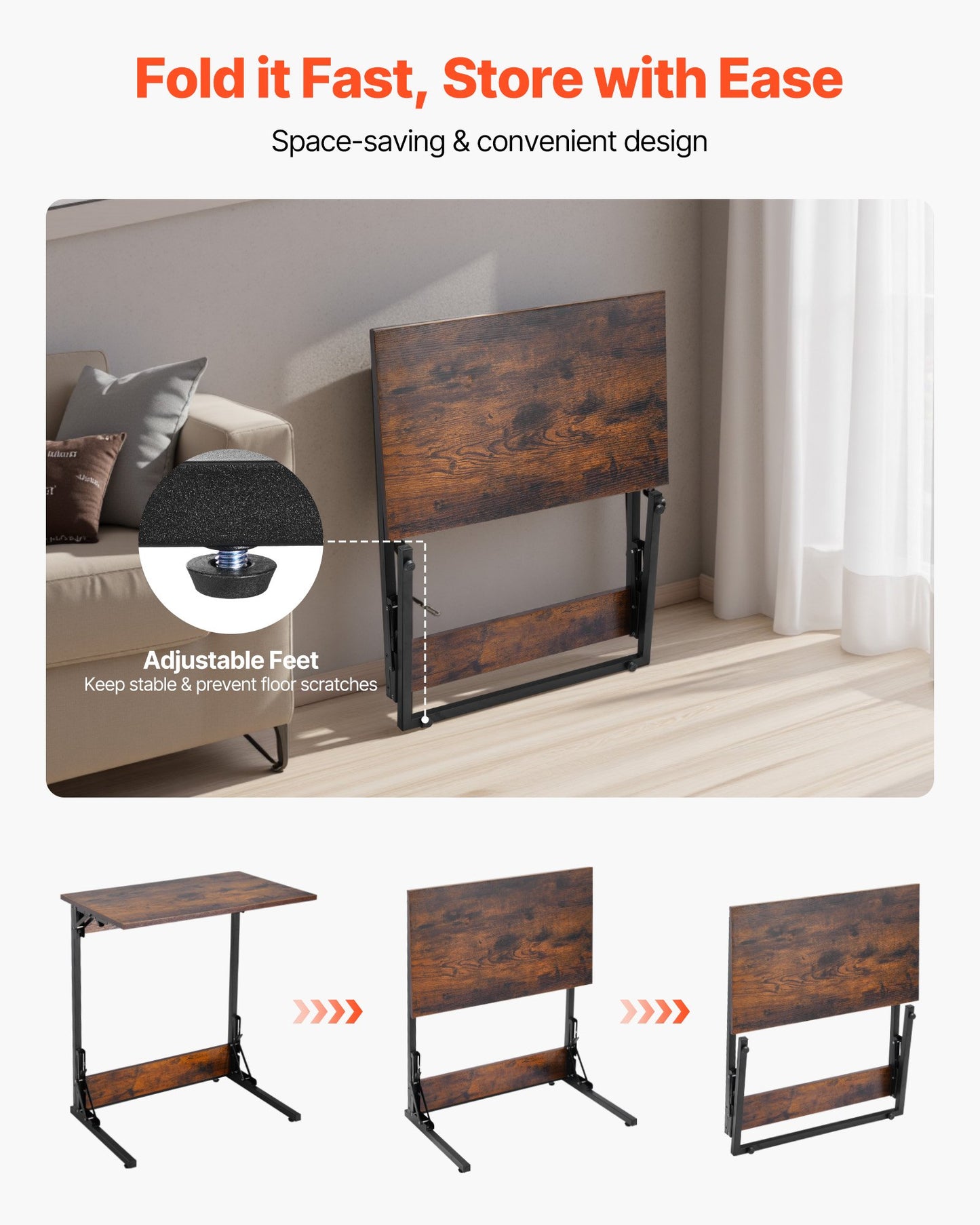 C-bord, hopfällbart C-format sidobord med metallram och justerbara fötter, hopfällbart C-format sidobord för vardagsrum, sovrum, kontor, 23,62 x 14,57 x 27,56 tum C-format TV-bord, brunt och svart