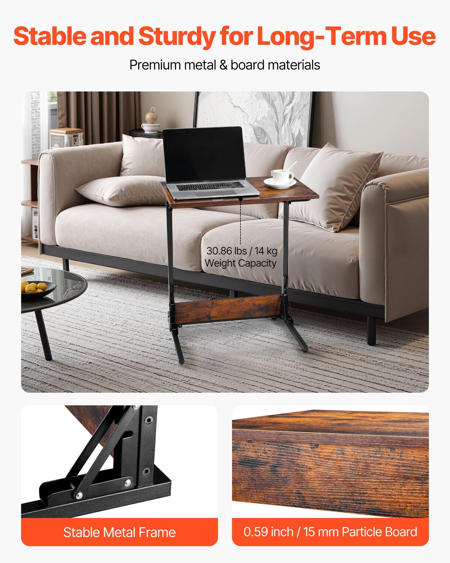 C-bord, hopfällbart C-format sidobord med metallram och justerbara fötter, hopfällbart C-format sidobord för vardagsrum, sovrum, kontor, 23,62 x 14,57 x 27,56 tum C-format TV-bord, brunt och svart