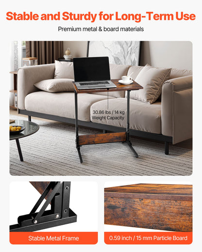 C-bord, hopfällbart C-format sidobord med metallram och justerbara fötter, hopfällbart C-format sidobord för vardagsrum, sovrum, kontor, 23,62 x 14,57 x 27,56 tum C-format TV-bord, brunt och svart