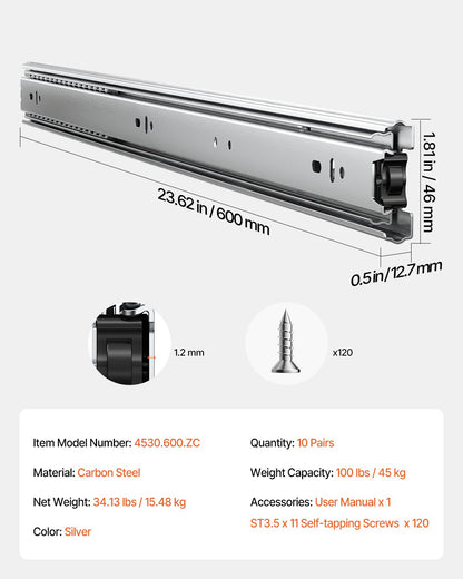 Lådskenor, 24 tum, 10 par fullutdragbara kullagerskenor för skåp, 100 LB lastkapacitet kraftiga sidomonterade lådskenor, lådskena för kök gör-det-själv-byte