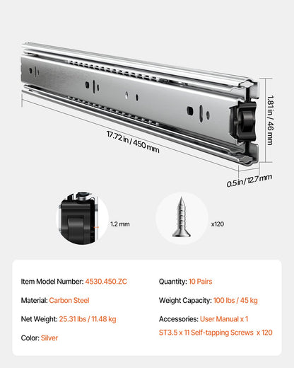 Lådskenor, 18 tum, 10 par fullutdragbara kullagerskenor för skåp, 100 LB lastkapacitet kraftiga sidomonterade lådskenor, lådskena för kök gör-det-själv-byte