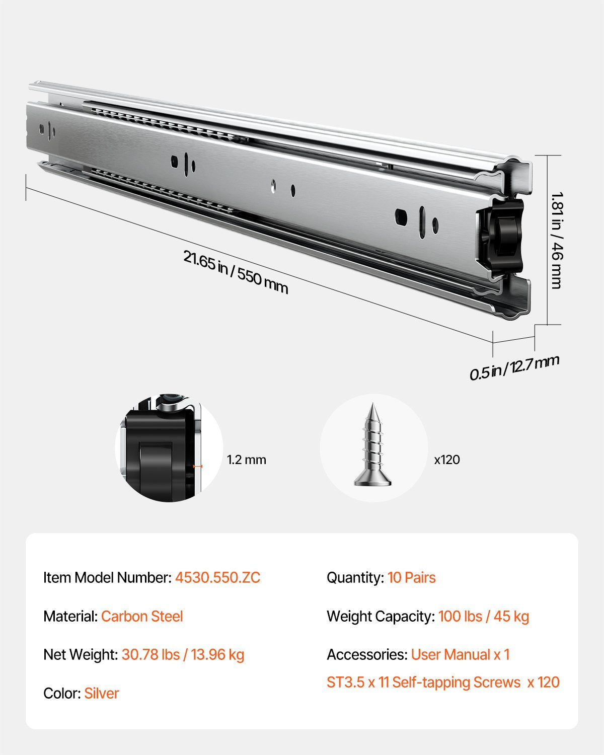 Lådskenor, 22 tum, 10 par fullutdragbara kullagerskenor för skåp, 100 LB lastkapacitet kraftiga sidomonterade byråskenor, lådskena för kök gör-det-själv-byte