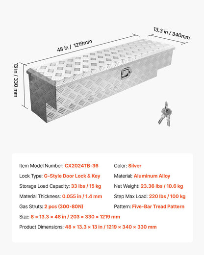 Verktygslåda för lastbilsflak, kraftig verktygslåda i aluminium med slitbanemönster, förvaringslåda med lås och nyckel, perfekt för pickup, lastbilsflak, husbil, släpvagn, 1219 x 340 x 330 mm, silver