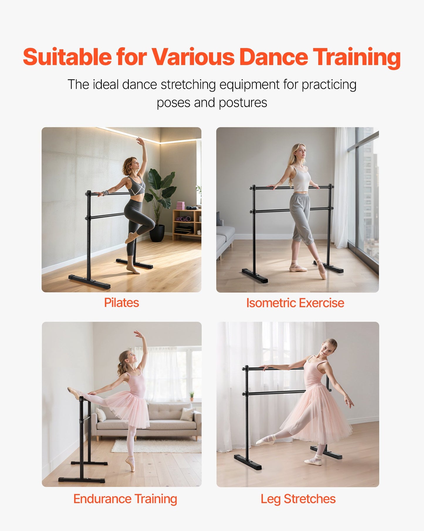 Balettstång, dubbelstång för hemmabruk, fristående bärbara balettsträcknings- och dansstänger, höjdjusterbar anti-wobble-utrustning för fitnessstudio, för pilatesbalansträning