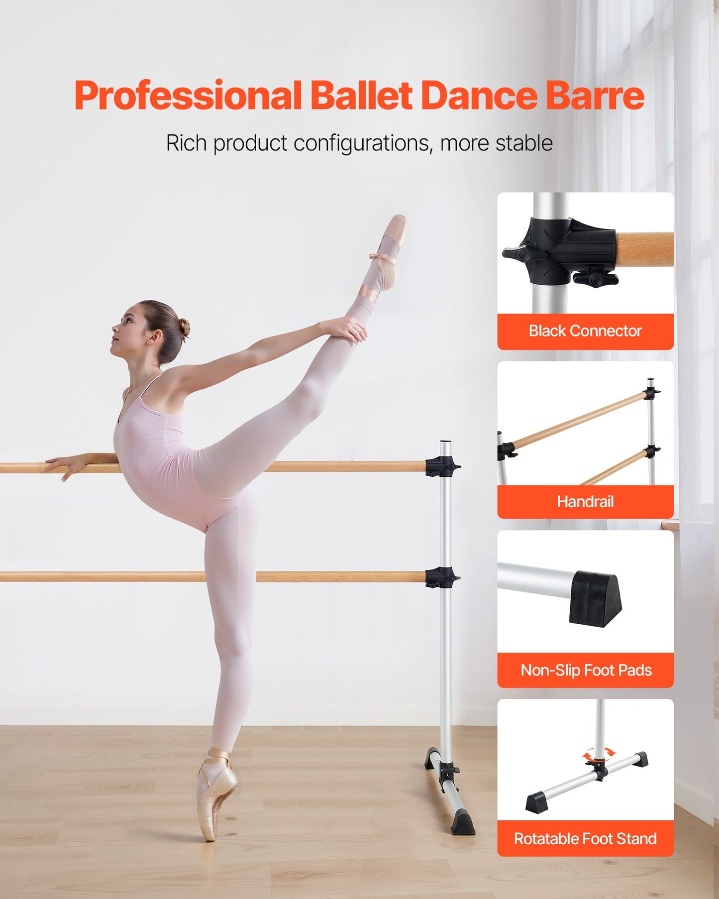 Balettstång, dubbel bokträstång för hemmabruk, fristående bärbara balettstretchstänger, höjdjusterbar anti-wobble fitnessutrustning, för pilates balansträning