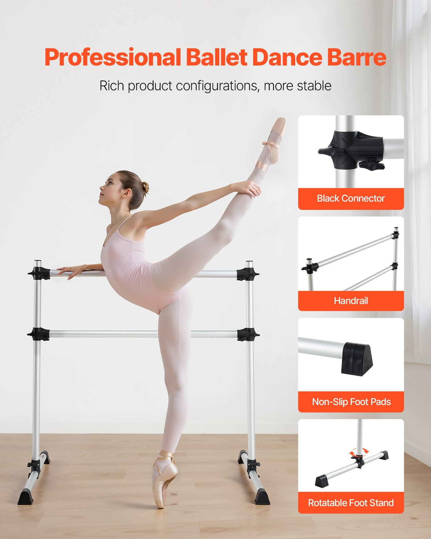 Balettstång, dubbelstång i aluminium för hemmabruk, fristående bärbara balettstretchstänger för dans, höjdjusterbar anti-wobble fitnessstudioutrustning, för pilates balansträning