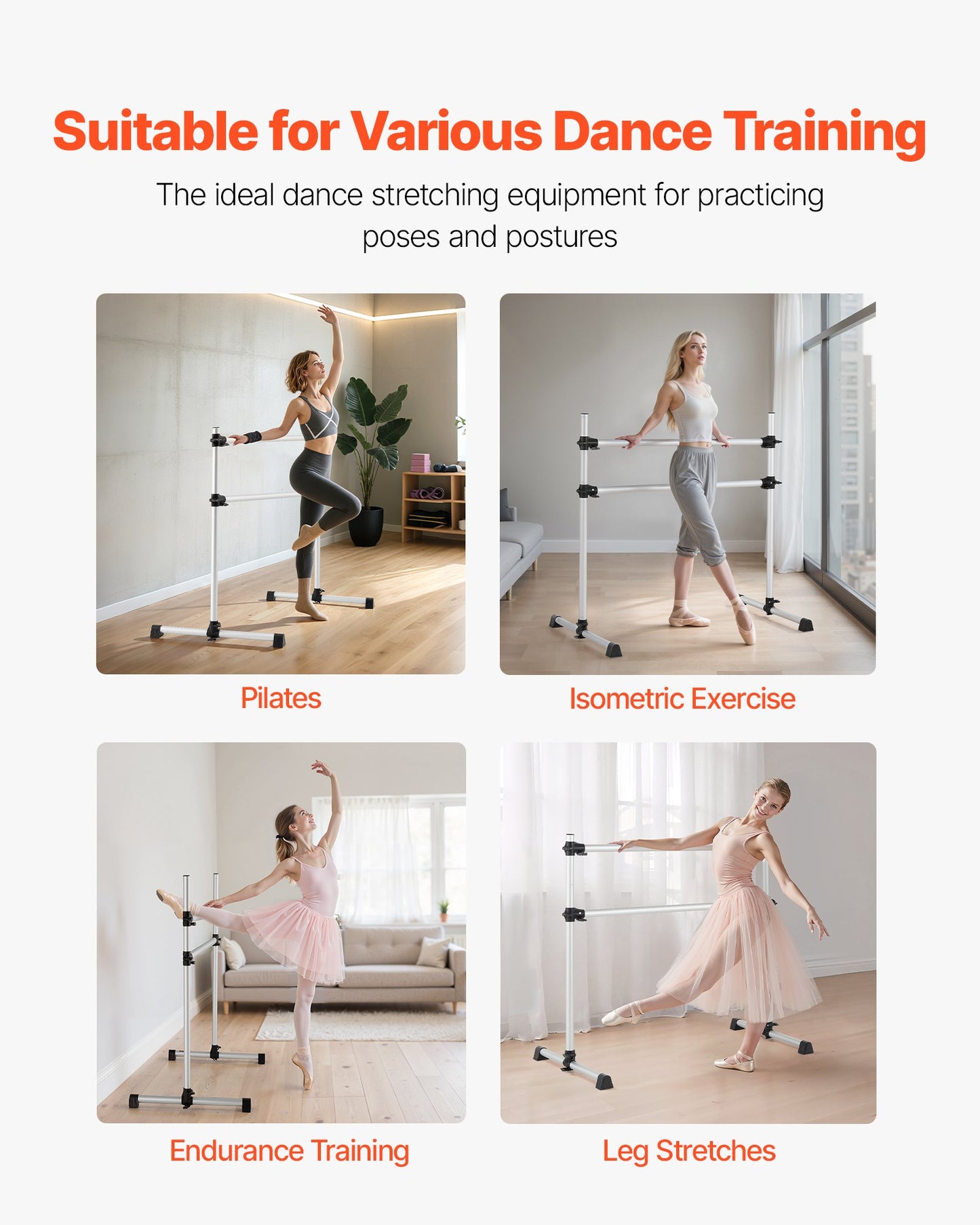 Balettstång, dubbelstång i aluminium för hemmabruk, fristående bärbara balettstretchstänger för dans, höjdjusterbar anti-wobble fitnessstudioutrustning, för pilates balansträning