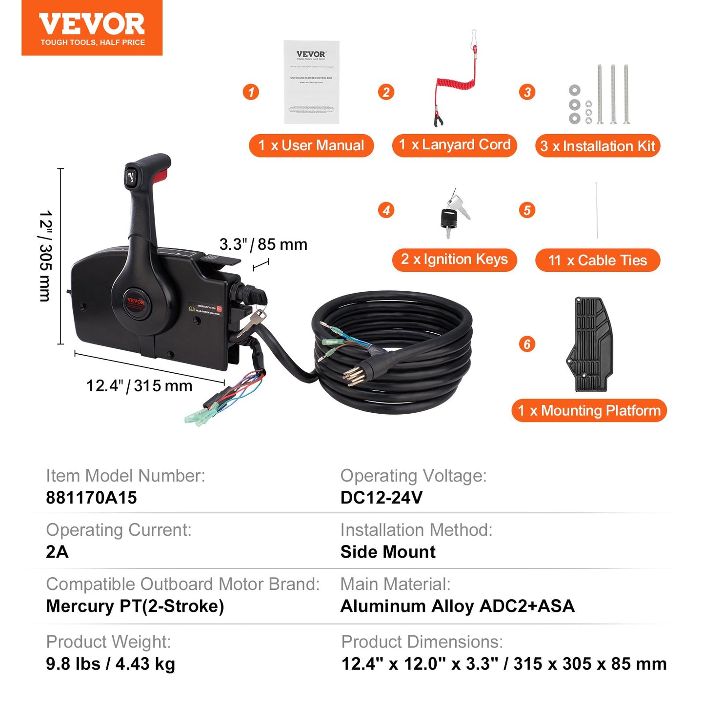 Gasreglage för båt, 881170A15 sidomonterad fjärrkontrollbox för utombordare för Mercury PT 2-taktare, marin gasreglagebox med Power Trim-brytare, 16,3 fots kabelhärva 8+4-stift och rep