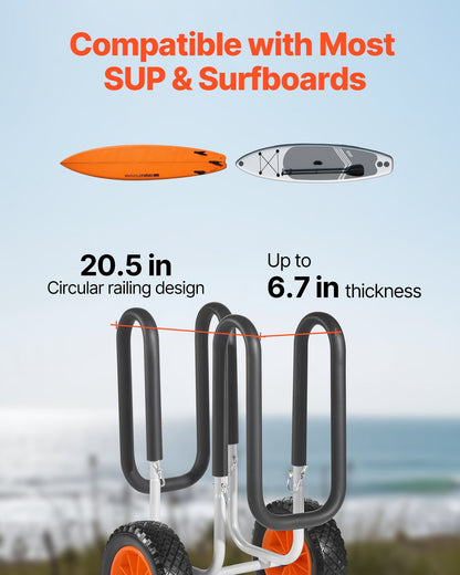 Kajakvagn, 68,0 kg lastkapacitet, Stand Up Paddleboard-vagn med 25,4 cm massiva gummidäck och stöd, Paddleboard-hållare med spärrrem för transport av paddleboard och surfbräda