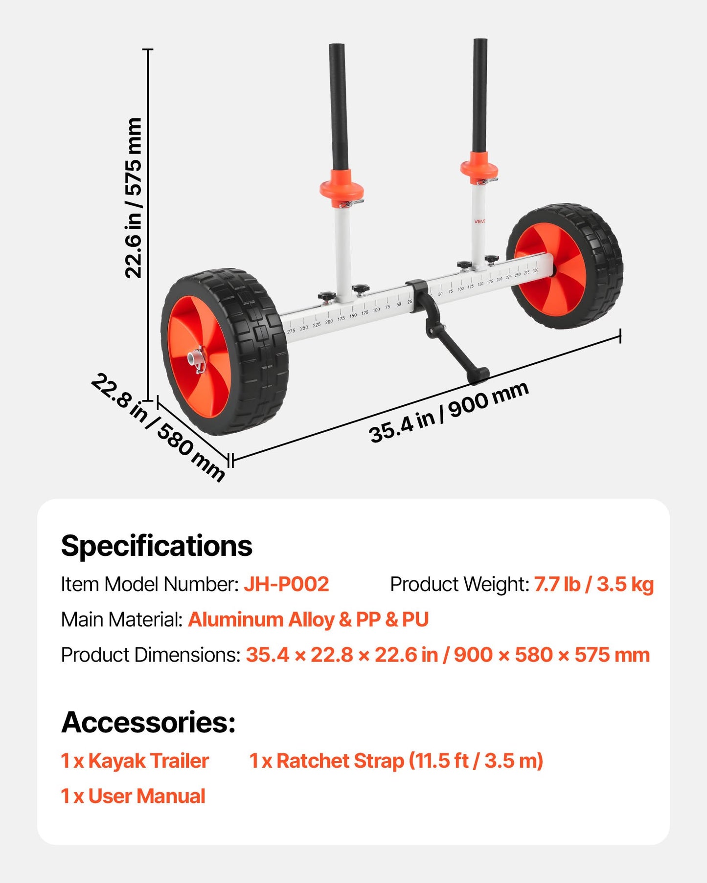 Kajakvagn, 104 kg lastkapacitet, kanotvagn med 25,4 cm massiva PU-däck och stöd, monteras och demonteras inom några sekunder, paddelbrädevagn för kajaker, kanoter, paddelbrädor