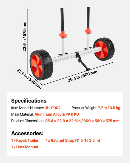 Kajakvagn, 104 kg lastkapacitet, kanotvagn med 25,4 cm massiva PU-däck och stöd, monteras och demonteras inom några sekunder, paddelbrädevagn för kajaker, kanoter, paddelbrädor