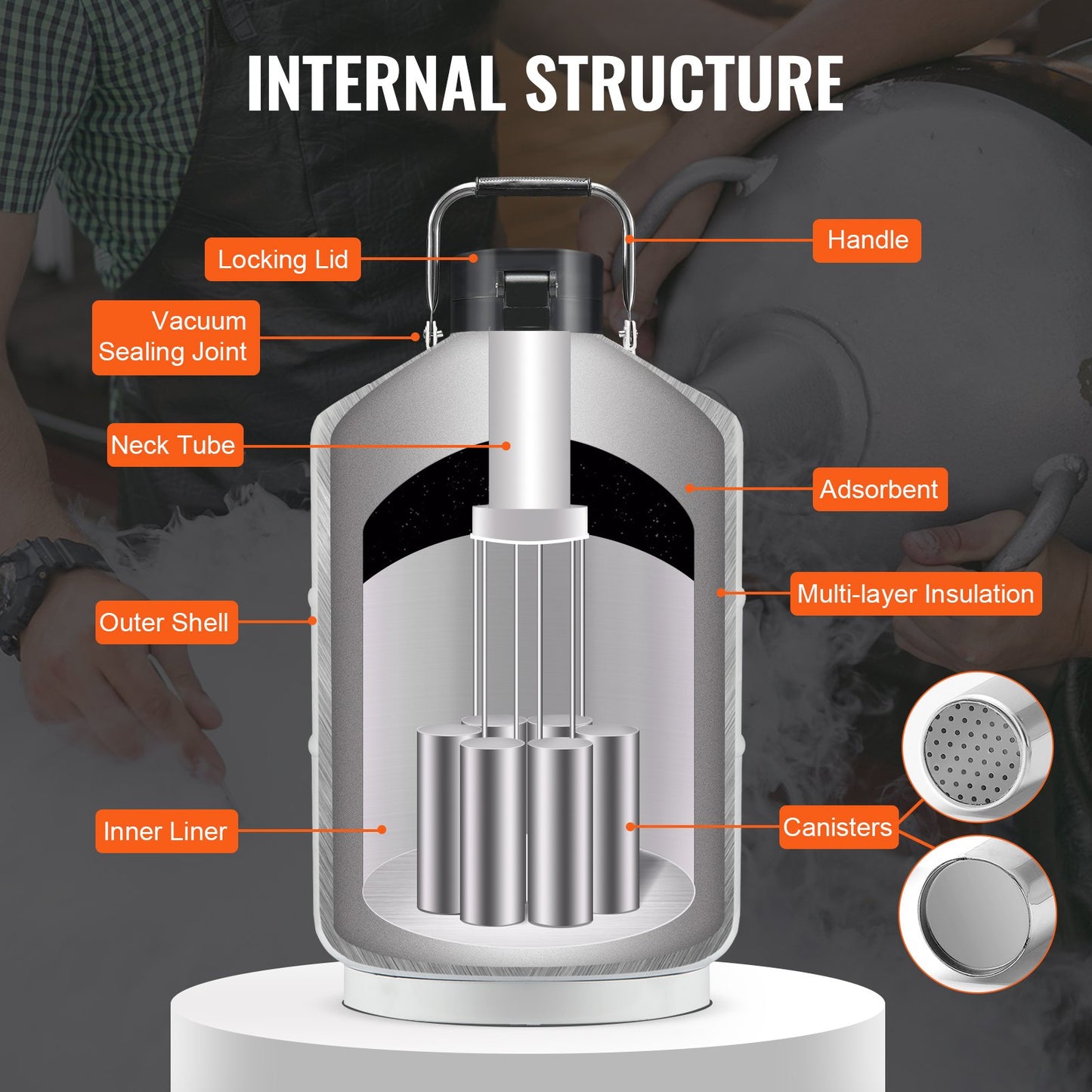Flytande kvävebehållare, 10 l behållare för flytande kväve i aluminiumlegering, LN2-tank Dewar med 6 behållare och bärväska med remmar, kryogen tank för skönhetsindustrin, spermakonservering, vetenskaplig
