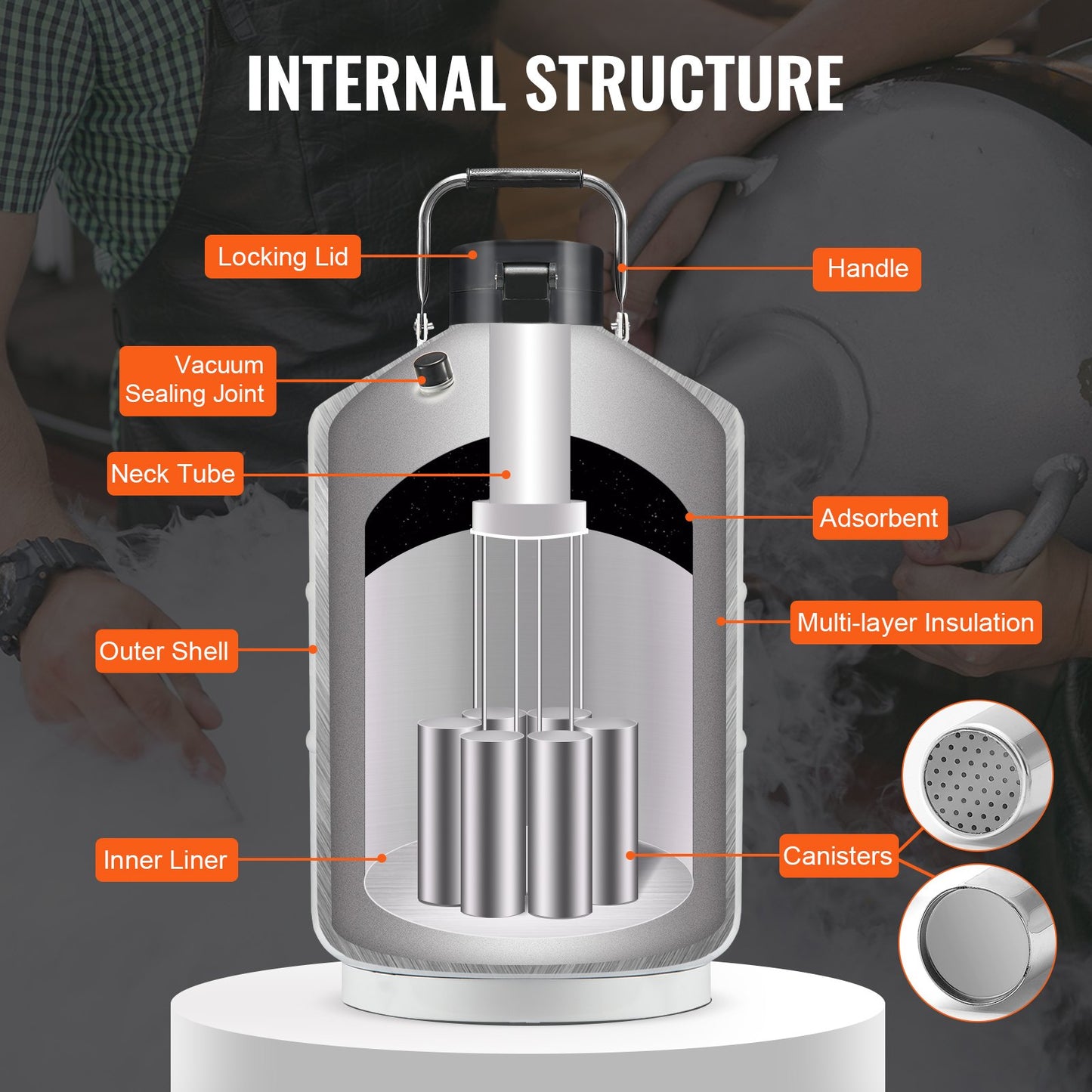 Flytande kvävebehållare, 3 l behållare för flytande kväve i aluminiumlegering, LN2-tank Dewar med 6 behållare och bärväska med remmar, kryogen tank för skönhetsindustrin, spermakonservering, vetenskaplig