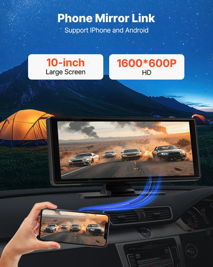 Trådlös bilstereo, 254 mm HD bärbar radio med pekskärm, kompatibel med Apple CarPlay och Android Auto, CarPlay-skärm för bil med röststyrning, spegellänk, Bluetooth och GPS-navigering