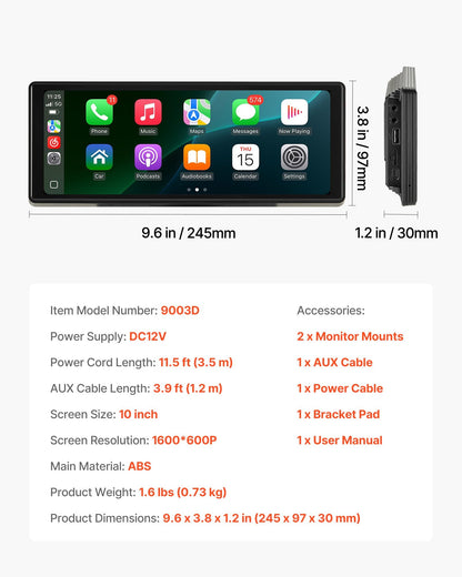 Trådlös bilstereo, 254 mm HD bärbar radio med pekskärm, kompatibel med Apple CarPlay och Android Auto, CarPlay-skärm för bil med röststyrning, spegellänk, Bluetooth och GPS-navigering
