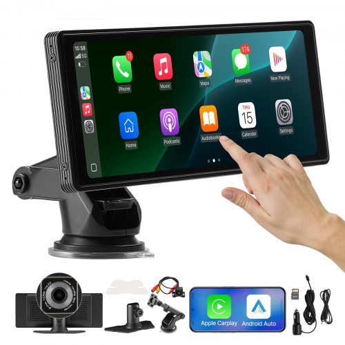 Trådlös bilstereo, 254 mm HD bärbar radio med pekskärm, Apple CarPlay och Android Auto, CarPlay-skärm med fram- och backkamera, röststyrning, spegellänk, Bluetooth, GPS-navigering