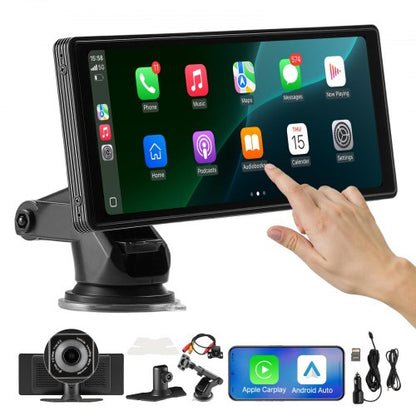 Trådlös bilstereo, 254 mm HD bärbar radio med pekskärm, Apple CarPlay och Android Auto, CarPlay-skärm med fram- och backkamera, röststyrning, spegellänk, Bluetooth, GPS-navigering