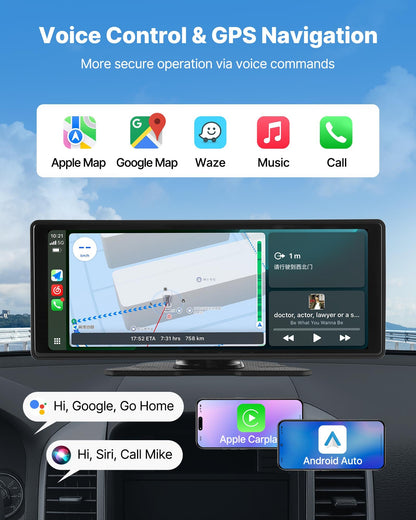 Trådlös bilstereo, 254 mm HD bärbar radio med pekskärm, Apple CarPlay och Android Auto, CarPlay-skärm med fram- och backkamera, röststyrning, spegellänk, Bluetooth, GPS-navigering