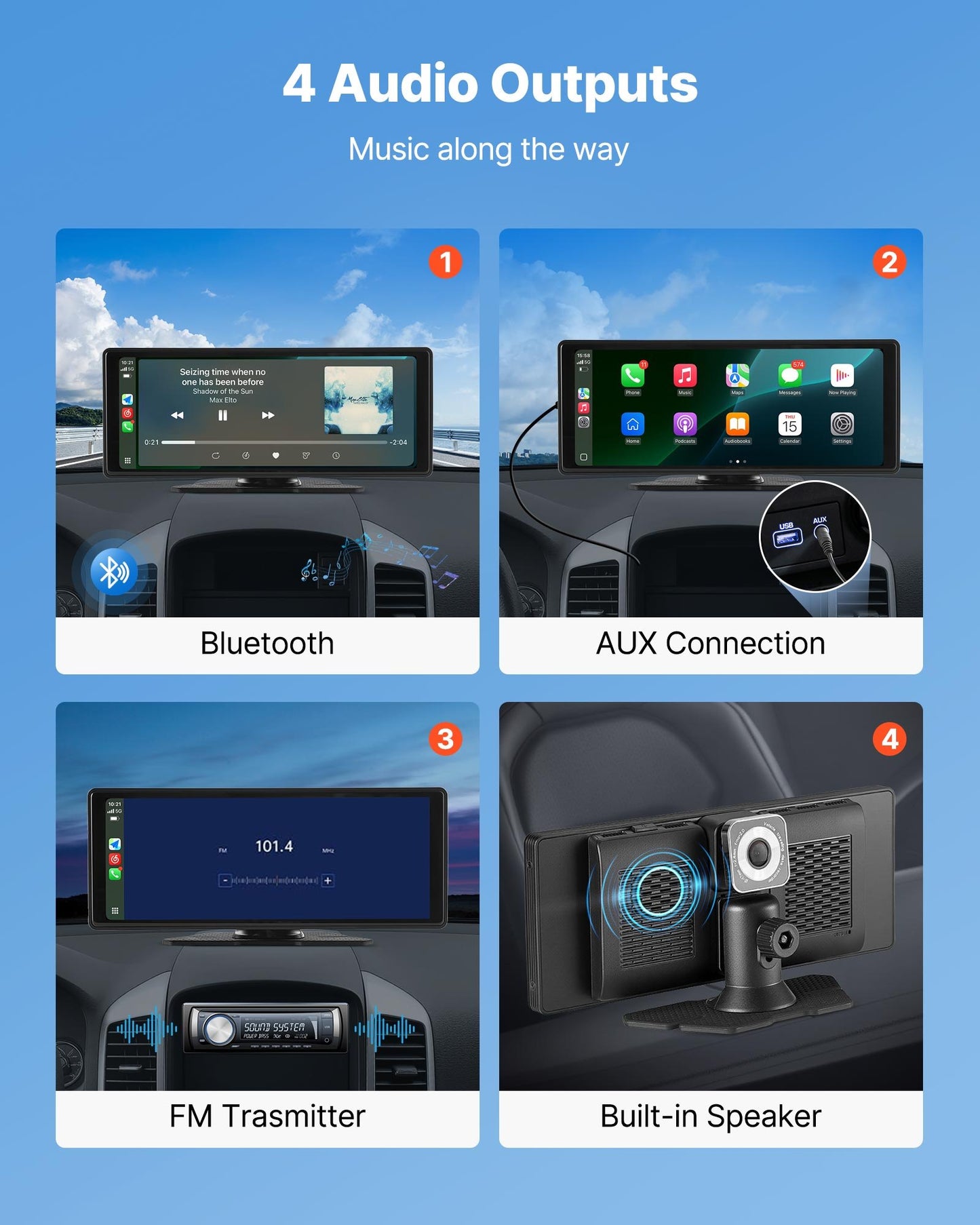 Trådlös bilstereo, 254 mm HD bärbar radio med pekskärm, Apple CarPlay och Android Auto, CarPlay-skärm med fram- och backkamera, röststyrning, spegellänk, Bluetooth, GPS-navigering