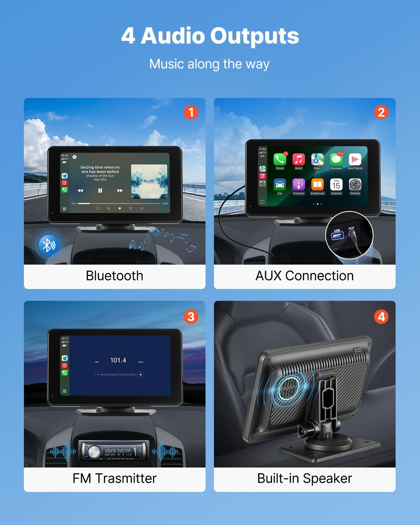 Trådlös bilstereo, 177,8 mm HD bärbar radio med pekskärm, kompatibel med Apple CarPlay och Android Auto, CarPlay-skärm med backkamera, röststyrning, spegellänk, Bluetooth, GPS-navigering