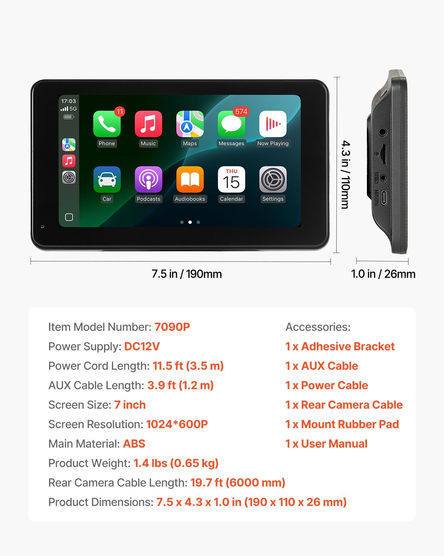 Trådlös bilstereo, 177,8 mm HD bärbar radio med pekskärm, kompatibel med Apple CarPlay och Android Auto, CarPlay-skärm med backkamera, röststyrning, spegellänk, Bluetooth, GPS-navigering