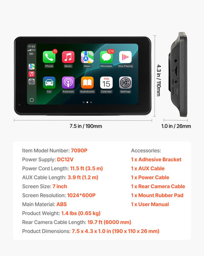 Trådlös bilstereo, 177,8 mm HD bärbar radio med pekskärm, kompatibel med Apple CarPlay och Android Auto, CarPlay-skärm med backkamera, röststyrning, spegellänk, Bluetooth, GPS-navigering